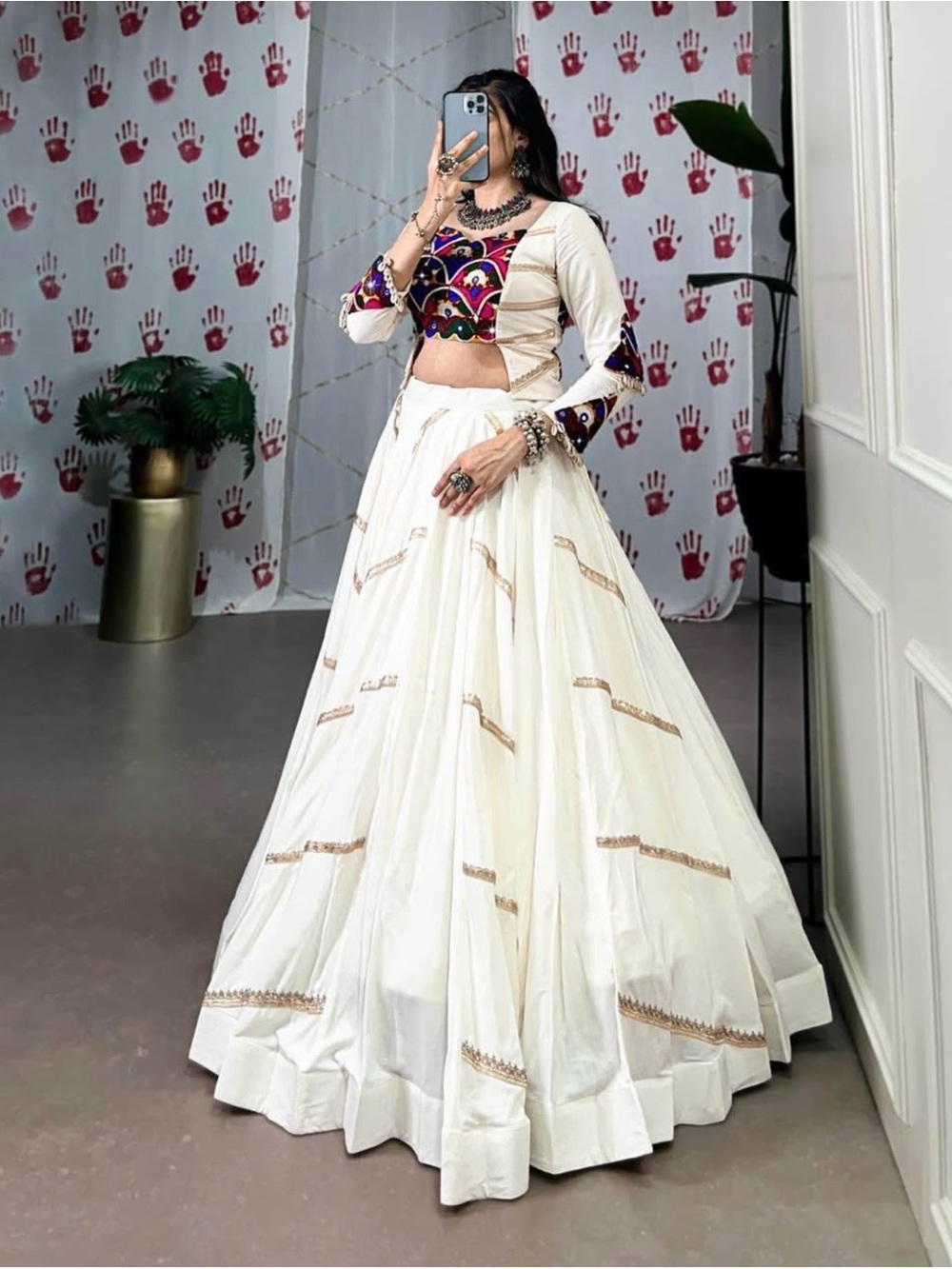 Elegant White Indian Lehenga Skirt with Subtle Gold Trim